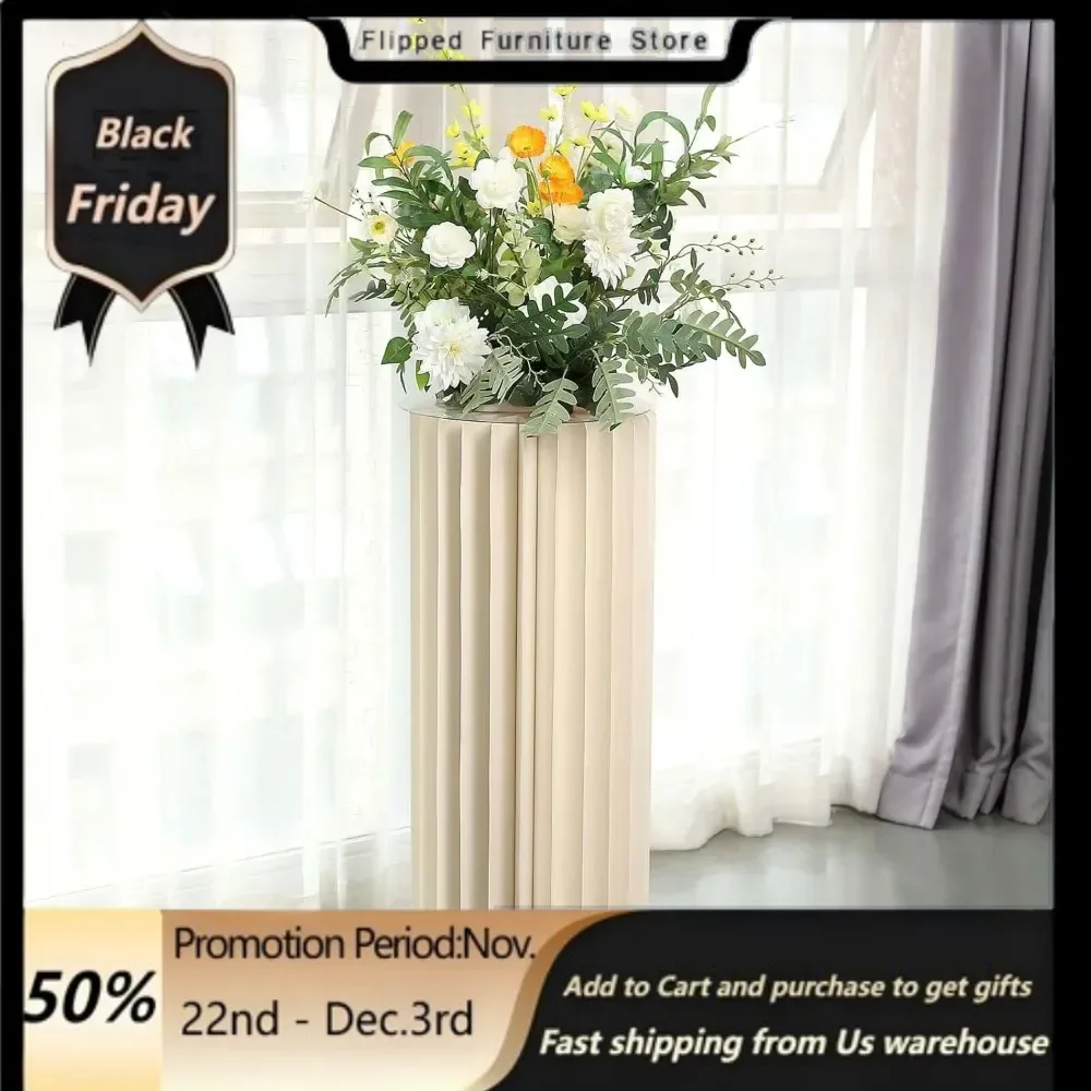 

40" Ivory DIY Accordion Cylinder Cardboard Folding Pillar Pedestal Box, Display Column Stand with Round Top Plate,Display Stands