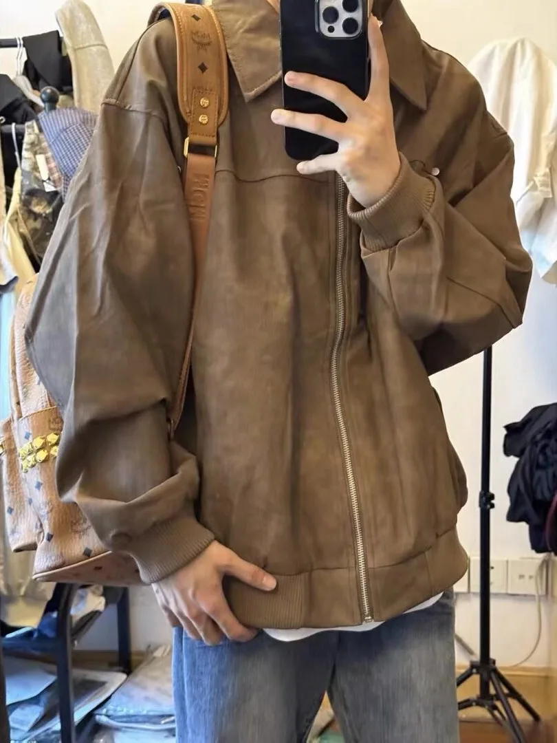 

Мужская кожаная куртка в стиле ретро, коричневая, весенне-осенняя, модная, брендовая, с эффектным воротником, заклепками, двухслойная