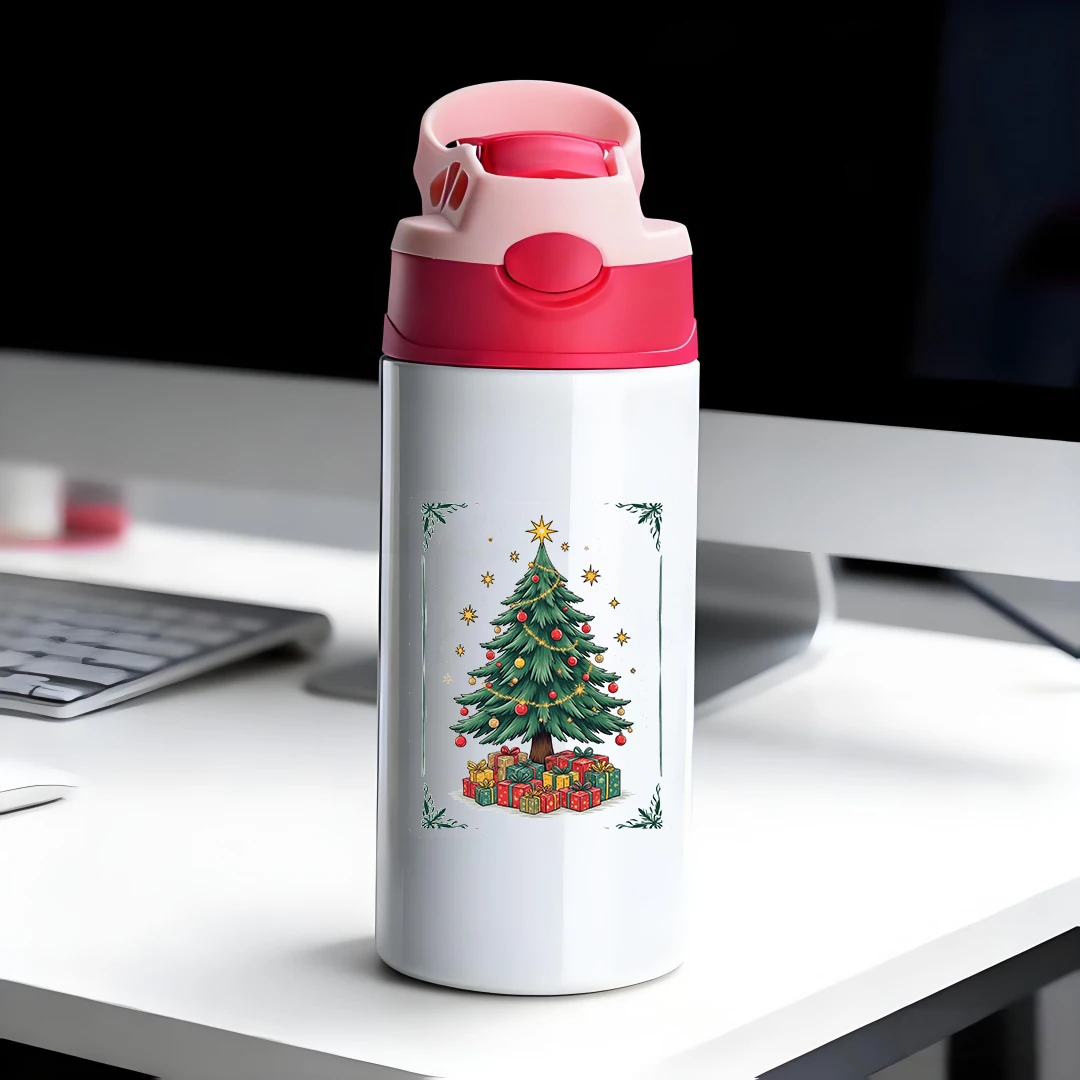 Tasse thermique en acier inoxydable 304, tasse en paille pour enfants, motif d'arbre de noël, édition personnalisée, cadeau de vacances, bouteille d'eau pour enfants