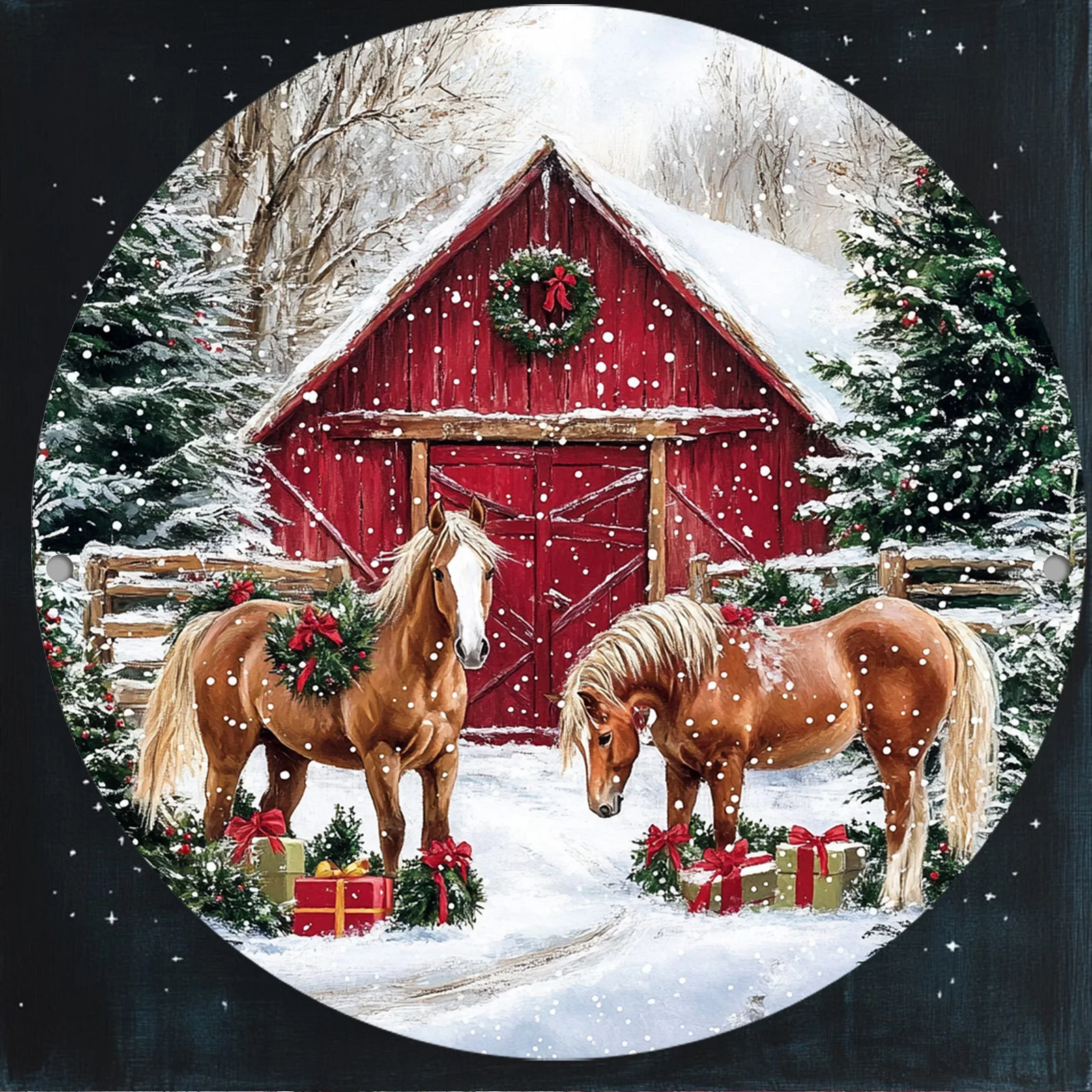 2D شقة، 2D Flat2D FlatRetro مزدوجة الحصان الحظيرة المشهد جدار الفن جولة الألومنيوم احباط نحت المعادن، عالية الوضوح مقاوم للماء الغبار