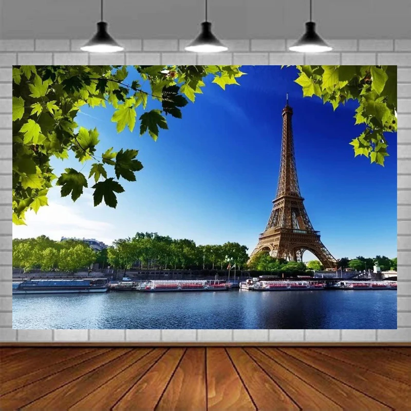 Eiffel Tower Photography Backdrop Seine Scenery Passenger Ships Background Blue Sky Green Tree Leaves Spring Summer Paris Travel