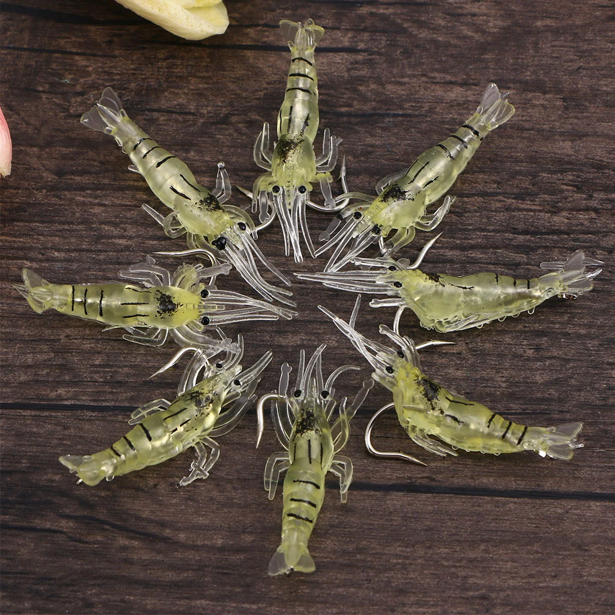 10pcs 4cm Bait Shrimp Simulation Grass Shrimp Plastic Fish Smell Luring Effect Good Fishing Gear(Transparent Yellow Belt Hook)