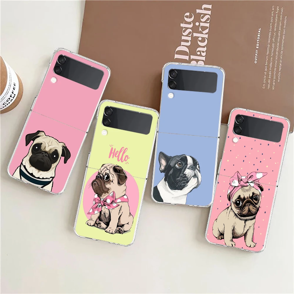 Cute Pug Dog Hard PC Phone Case, Transparente à prova de choque para Samsung Galaxy Z Flip, 3 Shell Fundas, 6, 5, 4