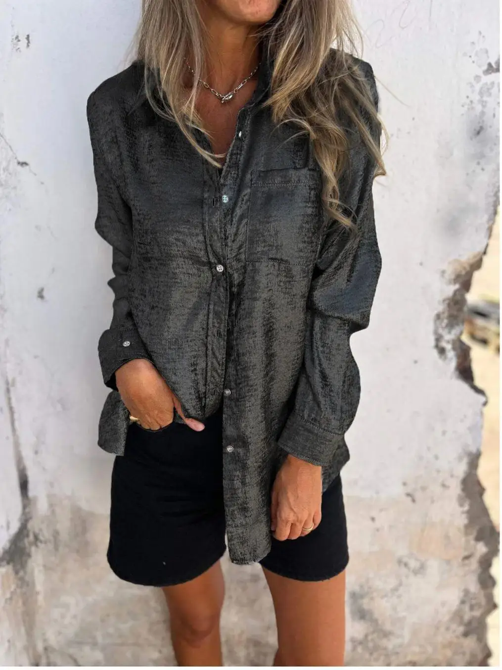 

Loose Long Sve irt Street Sle Loose Fit Turn-down Collar Loose Collar Long Sved irt for Women
