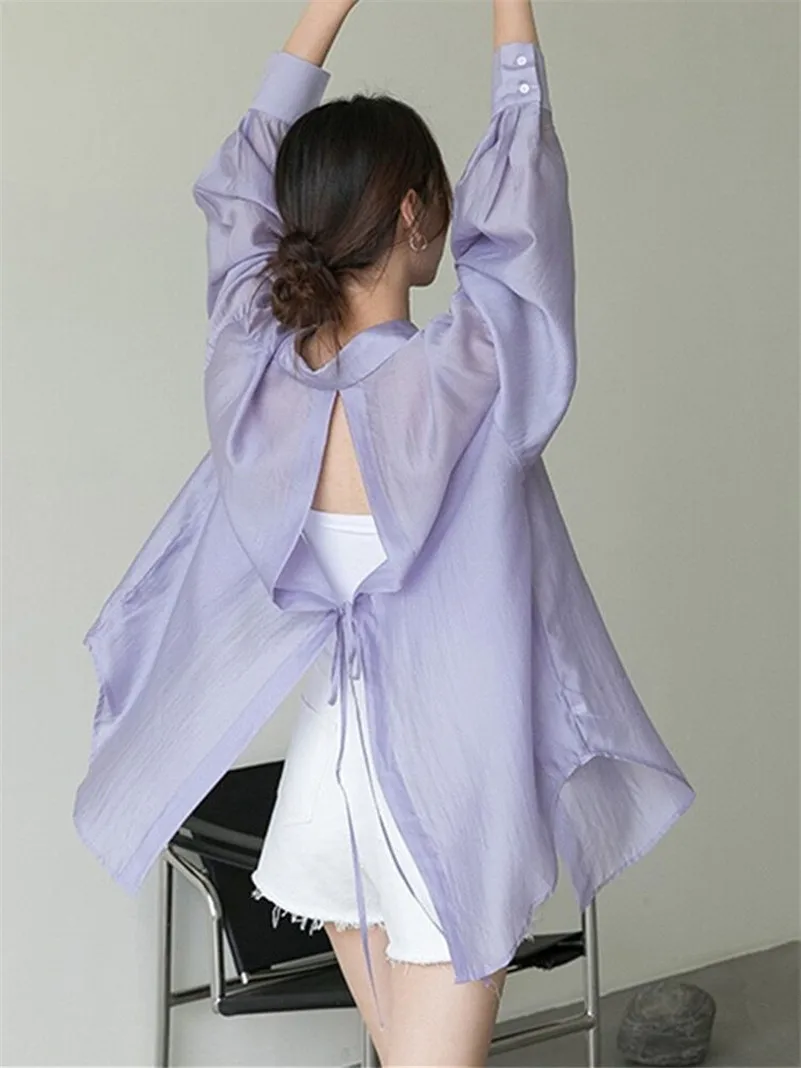 2026 New Spring Women Back Split Lace Up Shirts Sexy Turn-down Collar Loose Fit Solid Basics Tops Seaside holiday style Blouses