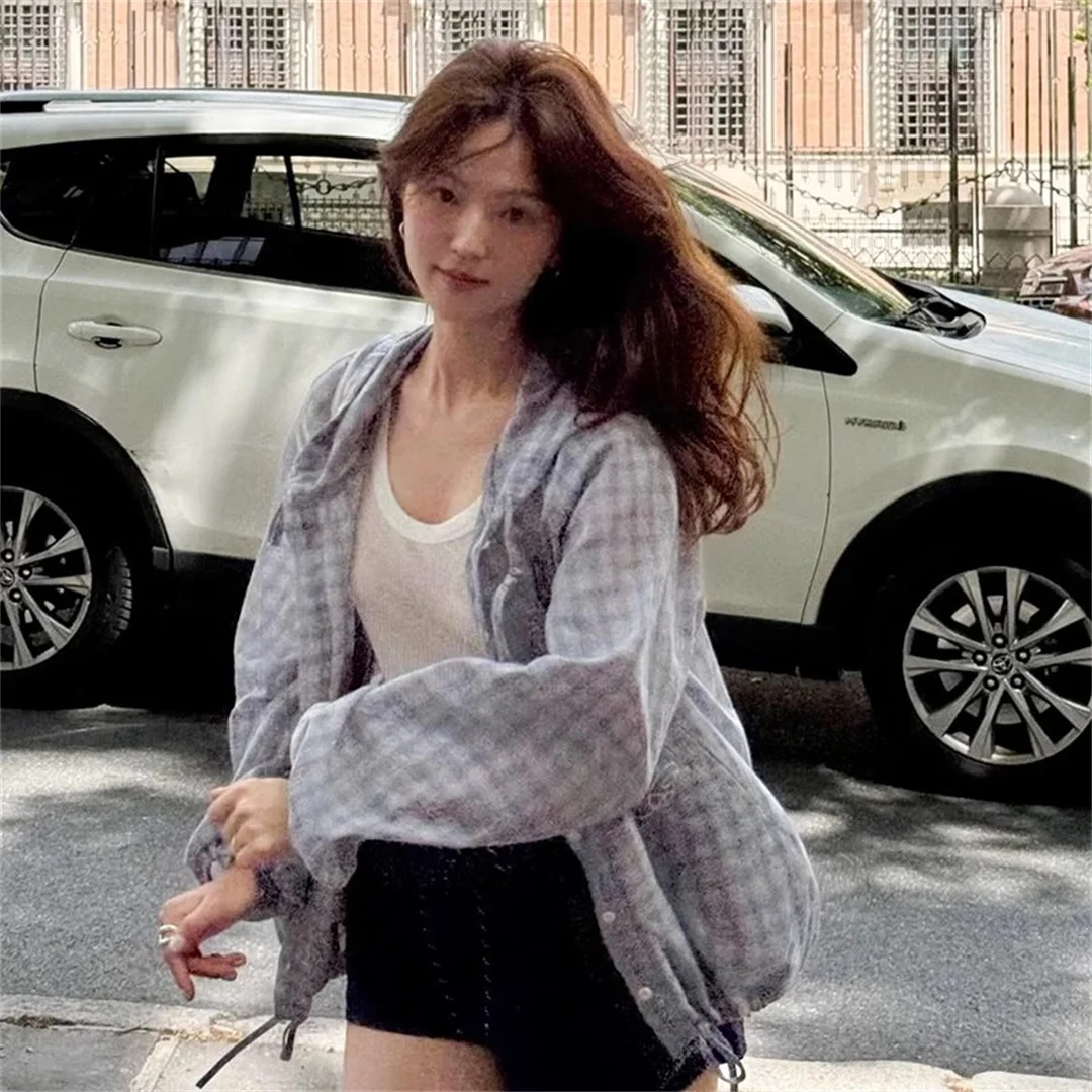 

Ретро клетчатая защита от солнца с капюшоном irt Long Sve Jaet, женская корейская свободная посадка, хлопковая защита от ультрафиолета на пуговицах