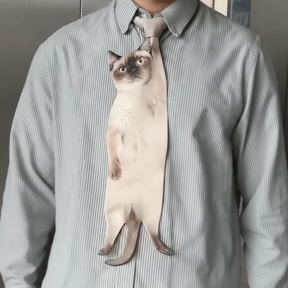 ギフト用リアルな猫型ネクタイ-ユニークで創造的な動物柄ネクタイ-サテン生地-面白いノベルティネクタイ-ホリデー用