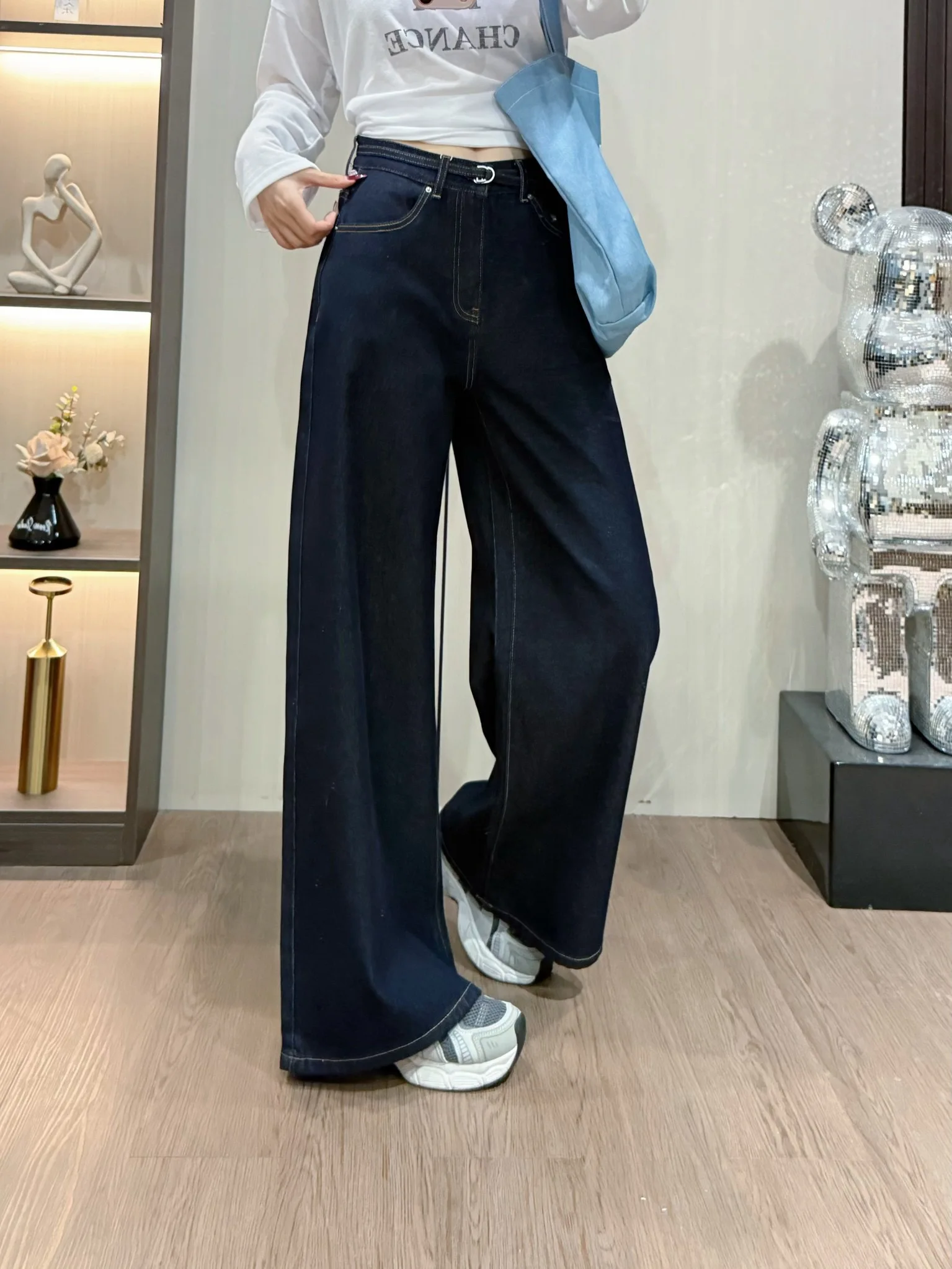 High Waist Wide Leg Denim Jeans Women's Belt Two Tone Versatile Slimming Casual Style Cotton Pants for Early Autumn