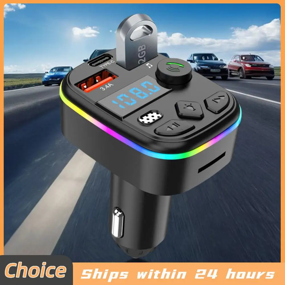 Bluetooth 5.3 FM Transmitter Dual USB Type-C Car Charger Hands-Free Calling TF Card U Disk MP3 Player 12V-24V Car Adapter