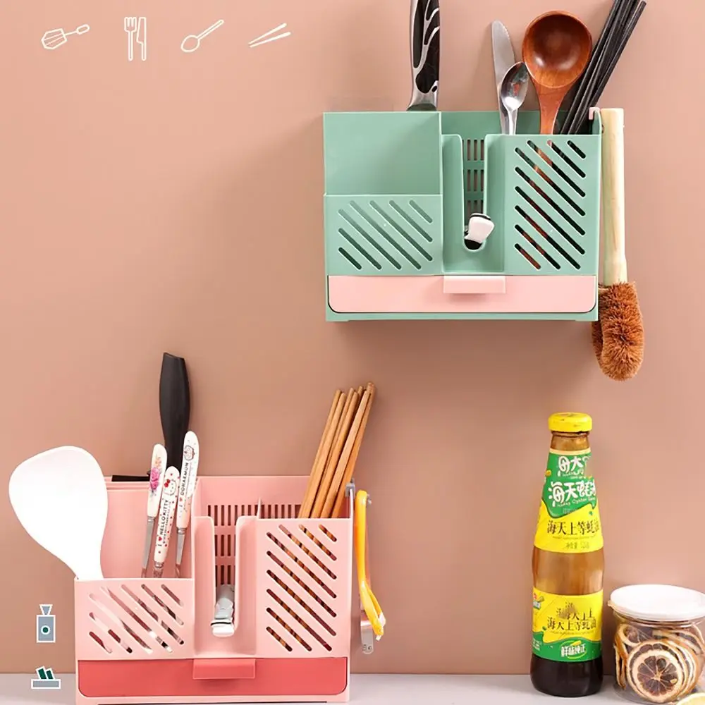 Wall Hanging Chopsticks Container Classified Design Punch-free Tableware Storage Rack Kitchen Storage Basket