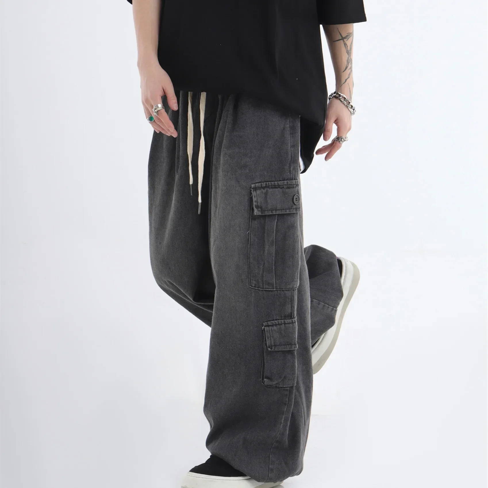 

2024 Men's Spring and Autumn New Three-dimensional Pocket Jeans Hip Hop Couples Washed Loose Wide-leg Pants Men and Women