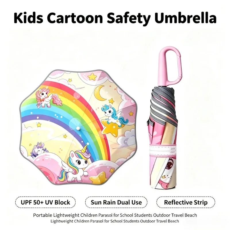 Ombrello di Sicurezza per Bambini con Motivo Cartoon Carino, Protezione Solare UPF 50+, Antivento, con Striscia Riflettente, Portatile e Leggero