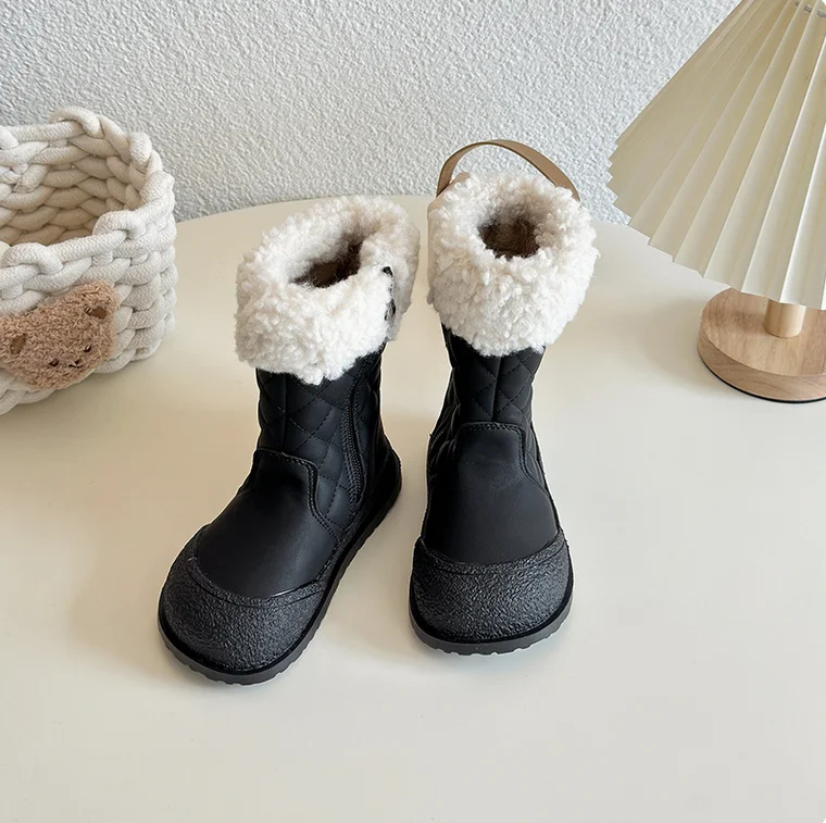 Stivali da neve da ragazza Cucito Tinta unita Chic antiscivolo Punta tonda Stivali lunghi per bambini Stivali lunghi in pile caldo al ginocchio Scarpe invernali per bambini 26-36