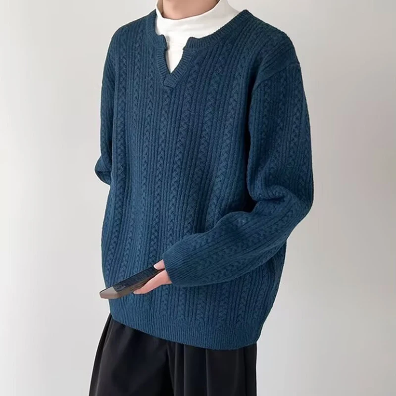 

Mens Knitting Solid Color Casual Sweaters 2025 Autumn Trendy Crochet Knitted Sweater Men Vintage Long Sleeve V Neck Jumper Tops