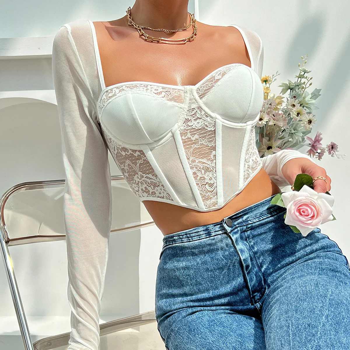 Sexy Lace Mesh Long sleeved Bustier Women's Y2k Corset Gauze Backless Slim Crop Top Square Neck Casual Tank Top T-shirt Camisol