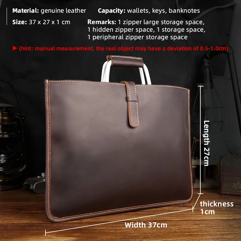 A4-Ordner für Dokumente, Retro-Aktentasche aus echtem Leder, Handtasche, passend für MacBook, iPad, Tablet, Metallgriffe, Umhängetasche