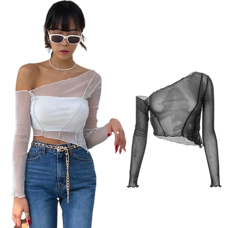 Women's Mesh Crop Tops Hot See Through for T Shirts Sexy Sloping Shoulders Tops with Long Sleeves for Holiday Beach Club