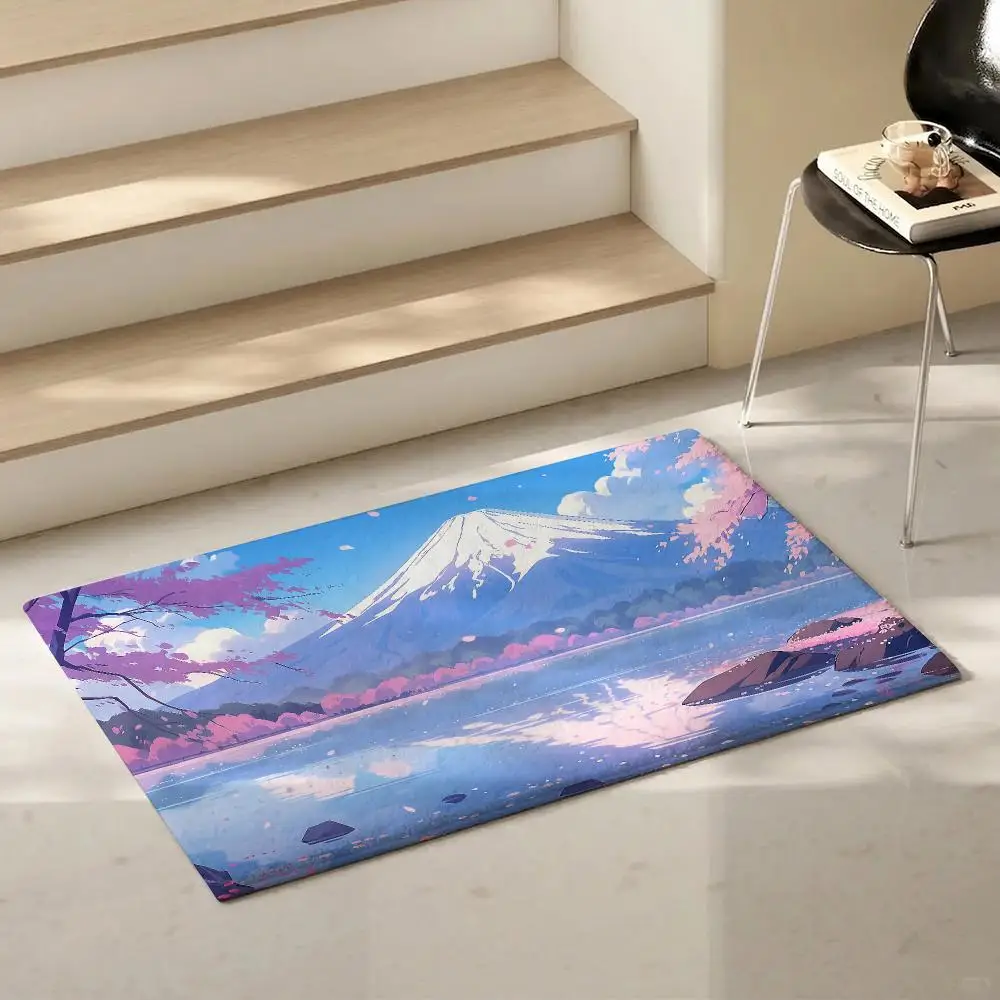 Aesthetic Art Mount Fuji Floor Mat Eco-Friendly Flannel Doormat Non-Slip Odorless Soft Short Plush Indoor Floor Rug