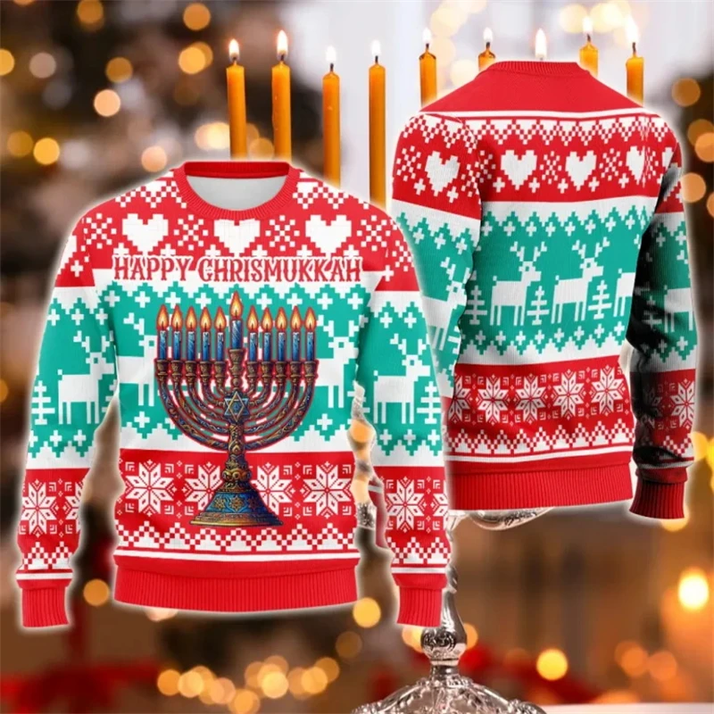 Fashion Hanukkah Men Sweatshirt 3D Printed Ugly Christmas Sweater For Men Women Clothes Mens Sweatshirt Holiday Pullovers Tops