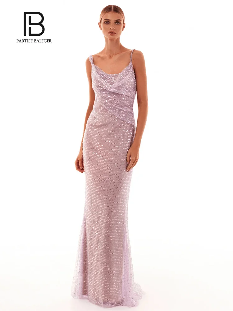 

PB New Spaghetti Straps Sequins Lavender Sleeveless Backless Beaded Slim Long Elegant Party Dresses