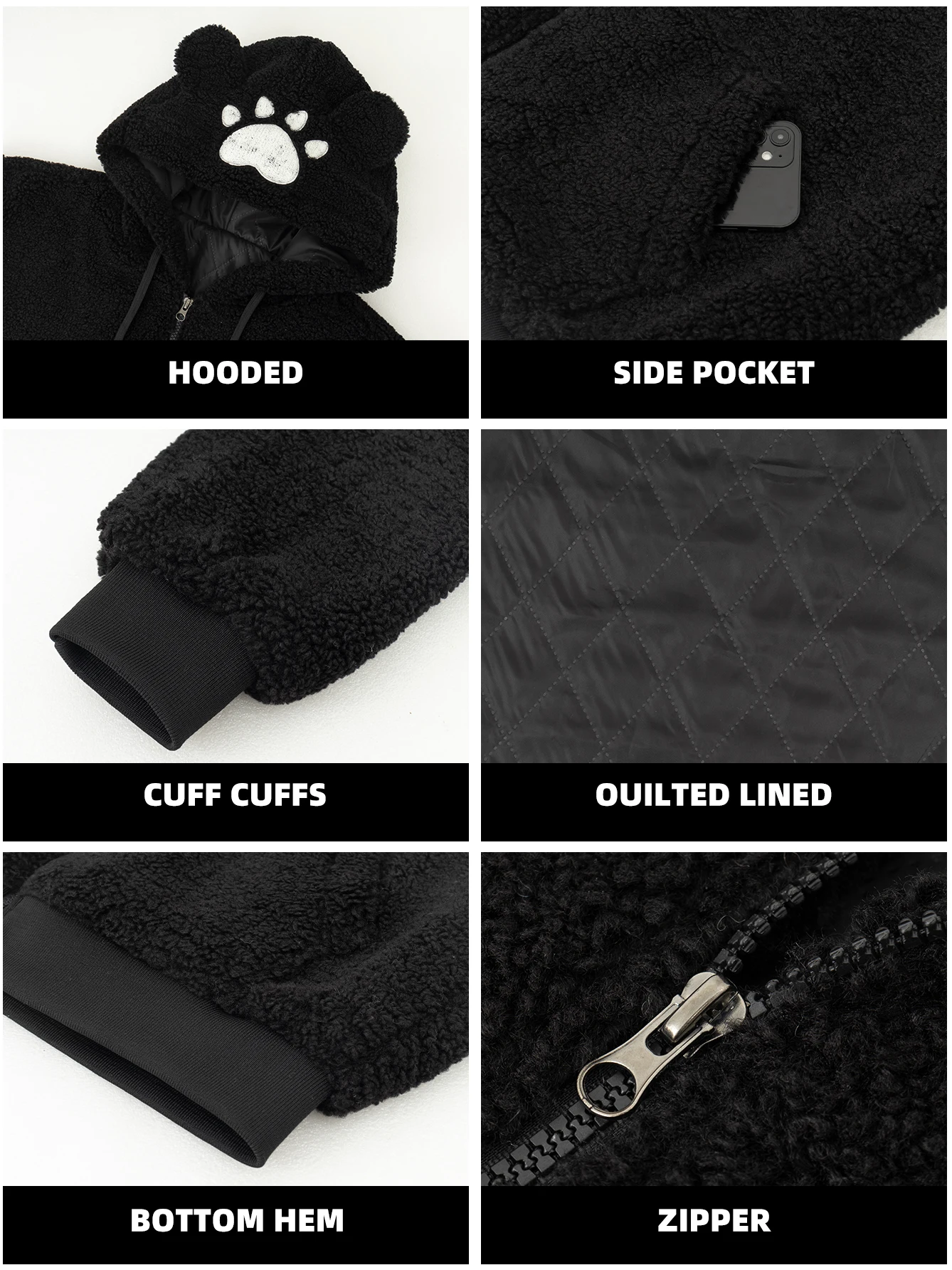 Men's Streetwear Hiphop Style Warm Fleece Jacket With Paw Print Design, Cozy Sherpa Outwear For Cold Weather