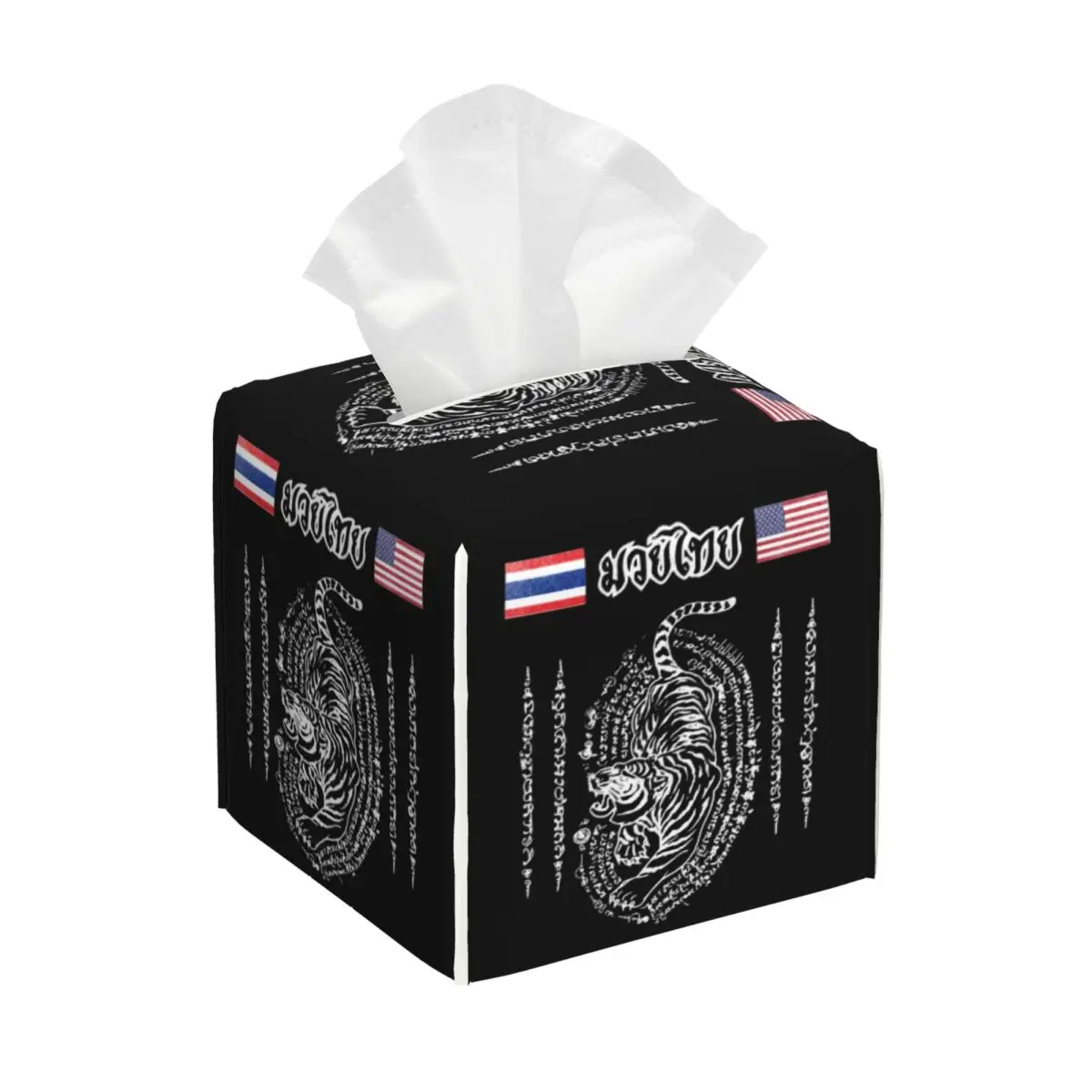 Custom Muay Thai Tissue Box Cover Square PU Leather America to Thailand Tiger Facial Tissues Holder for Home