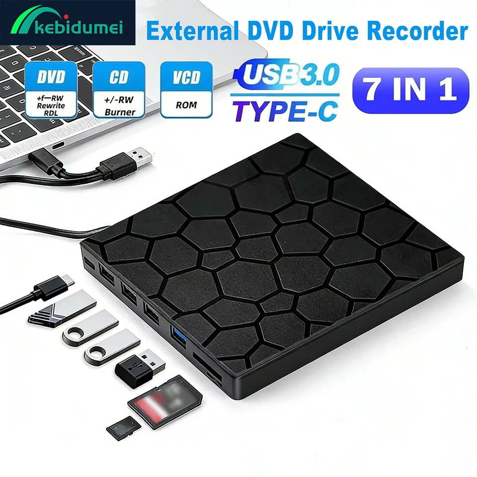 Kebidumei 7 in 1 External DVD Player CD/DVD Drive Recorder USB3.0