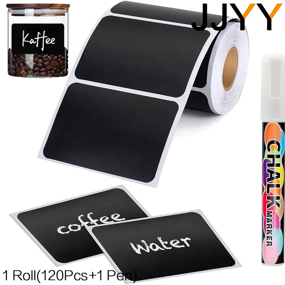 JJYY Chalkboard Labels Waterproof Reusable Stickers with 1 White Chalk Pen for Kitchen, Jars, 1 Roll/120 Pieces + 1 Pen