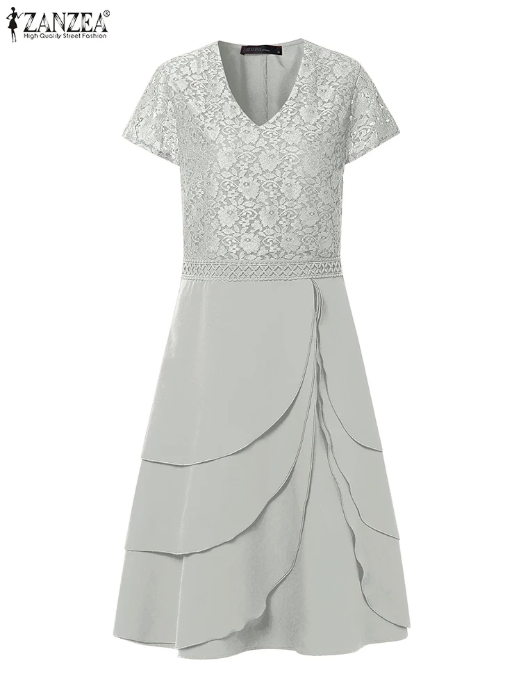ZANZEA 우아한 여성 V 넥 파티 드레스 패션 여름 패치 워크 드레스 짧은 소매 작업 OL Sundress 솔리드 미디 베스 티드 가운