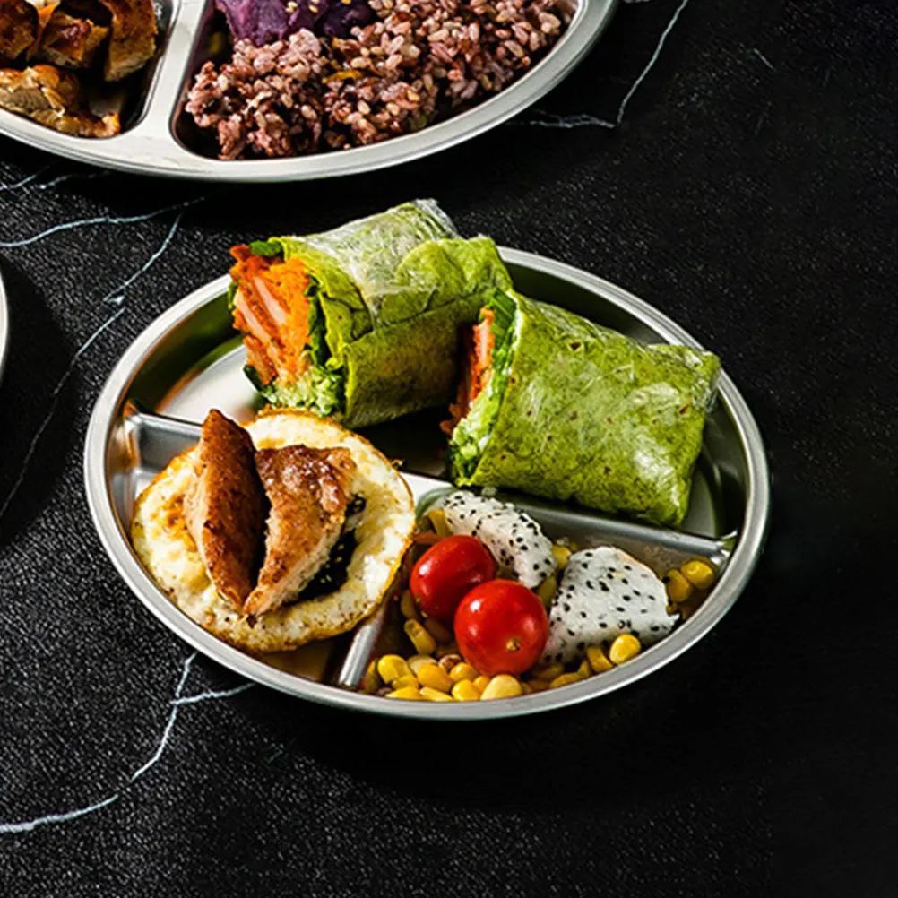 

Stainless Steel Grid Plate 304 20CM Divided Trays Portion Control Sectioned Plates for Adults Cafeteria Kitchen Bar Use