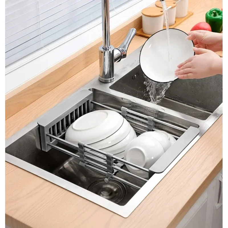 Stainless Steel Retractable Kitchen Sink Drain Basket, Expandable Dish Drying Holder for Bowls, Fruits and Vegetable Washing