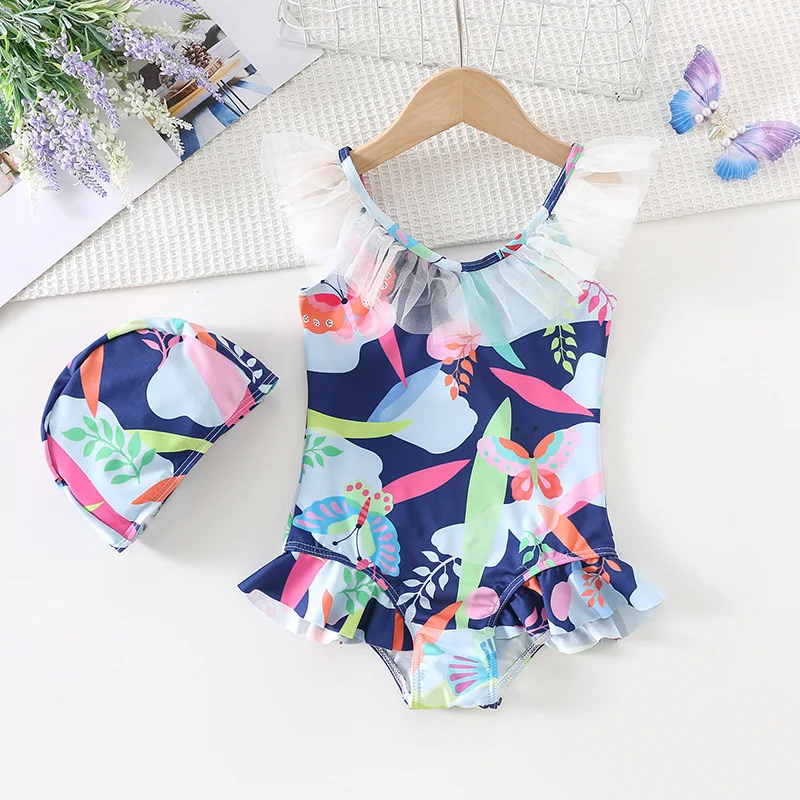 

Летний цельный купальник-треугольник для девочек, детский купальник с принтом, без рукавов, с кружевной отделкой, пляжная одежда, милый купальник для малышей, купальный костюм для малышей