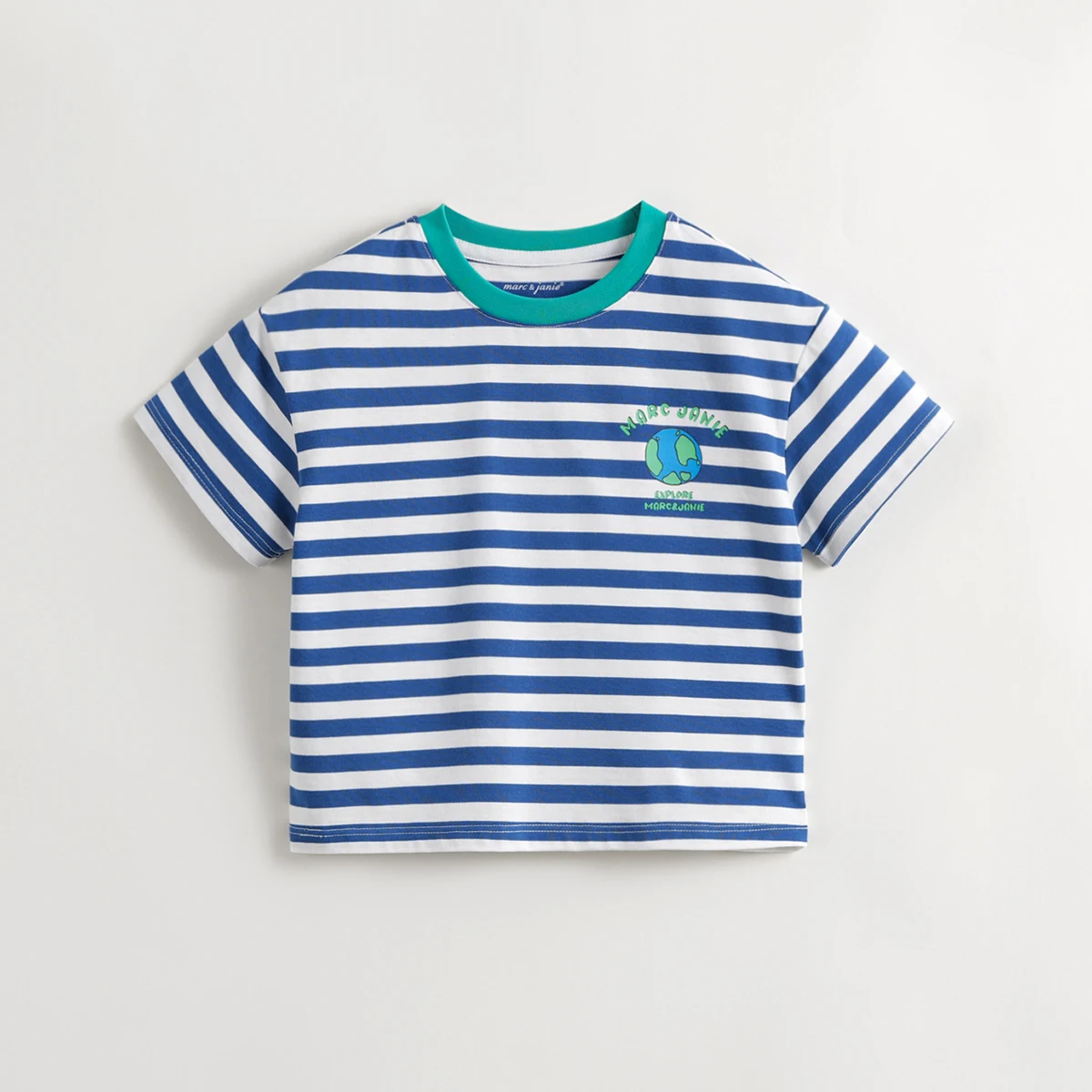 MARC&JANIE Boys Navy Style Earth Graffiti Striped Short Sleeve T-Shirt Kids Tops for Summer 240802