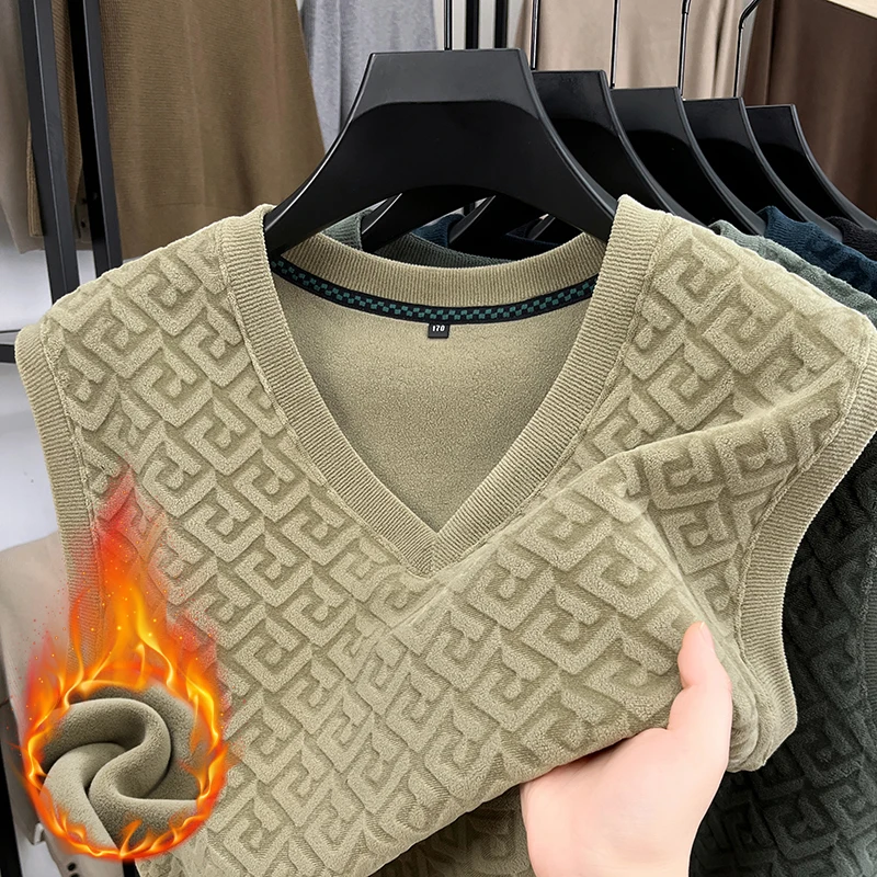 เกาหลีแฟชั่นผู้ชายหนา Jacquard รูปแบบเสื้อกันหนาวหรูหรา Pullover 2024 ฤดูใบไม้ร่วงฤดูหนาวแขนกุดชายเสื้อกั๊กจัมเปอร์