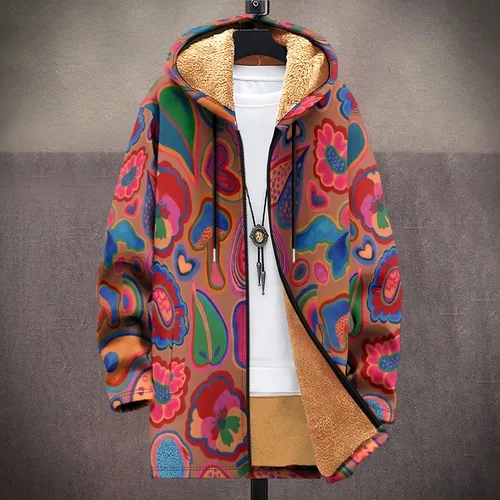 크리에이티브 노벨티 빈티지 클래식 3D 프린트 겨울 긴팔 후드, 지퍼 재킷, 남성용 플리스 아우터, 따뜻한 롱 스타일 코트