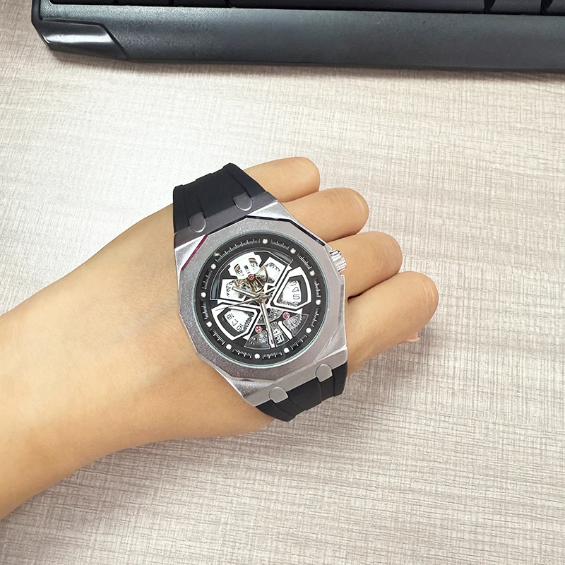 Luxury Skeleton Watch Men Openwork Octagon Quartz Watch Silver Sport Waterproof Clock Relogio Masculino Silicone Band