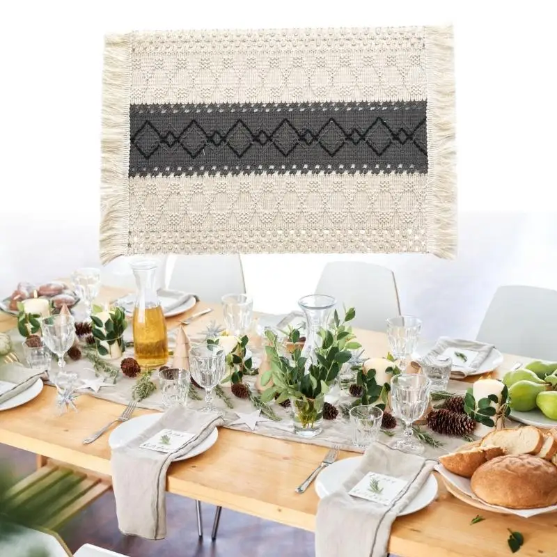 Striped Tassels Placemat Set In Cotton Linen For Dining Table Decoration And Home Styling Y5GB