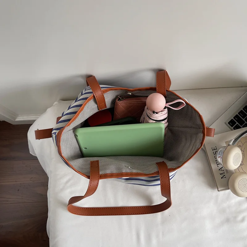 جديد الكورية نمط سعة كبيرة مخطط حمل حقيبة الموضة كسول عادية ركاب قماش حقيبة كتف عادية الملمس دلو حقيبة #5