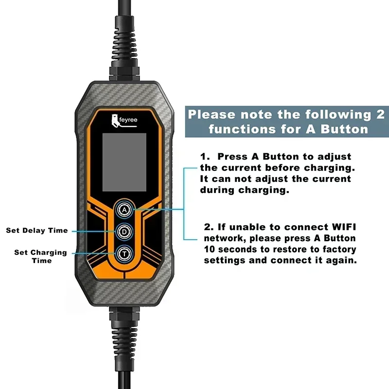 feyree Caricatore portatile EV Type2 32A 7KW EVSE Wi-Fi APP Controllo Corrente regolabile Temporizzazione intelligente Ricarica per uso domestico e