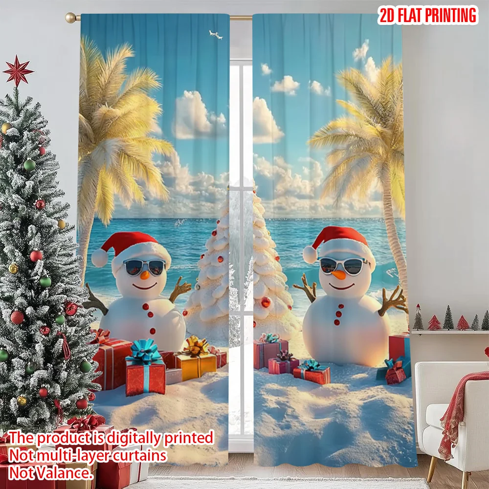 

2pcs 2D flat printing Christmas Scene Curtain Palm trees_ snowmen and gifts Versatile Durable Polyester Without Electricity