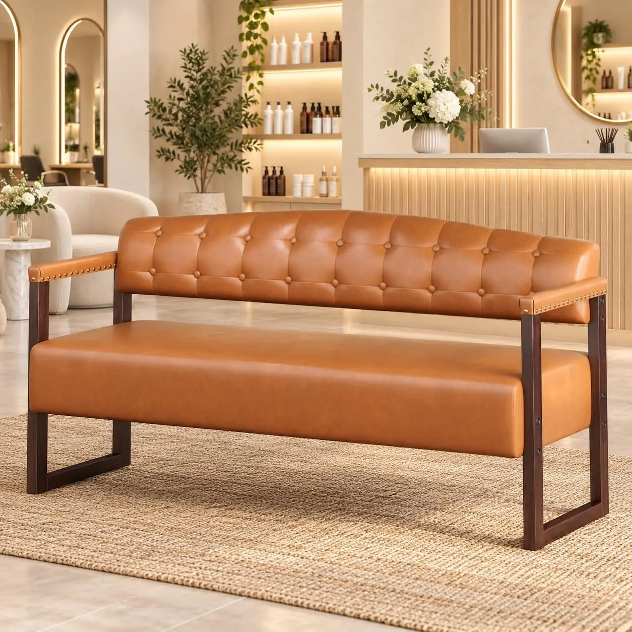 Salon Waiting Area Bench, 57-Inch, PU Leather Upholstery, Tufted Backrest and Armrests