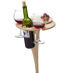 Outdoor Foldable Beach Wooden Wine Table with Mini Round Desktop Travel Picnic Camping Equipment Easy Carrying Low Wine Rack