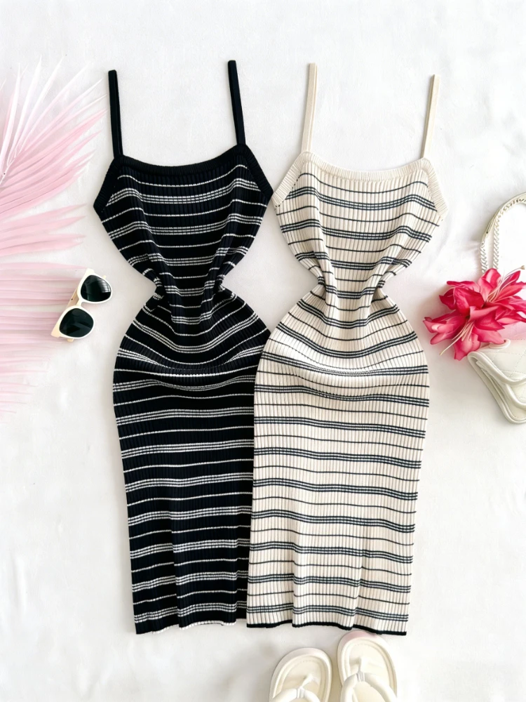 Schwarz-Grau Gestreiftes Bodycon Mini-Kleid Damen Spaghetti-Träger Kleider Rundhalsausschnitt Dehnbares Strick-Freizeitkleid Sommer Strandkleid