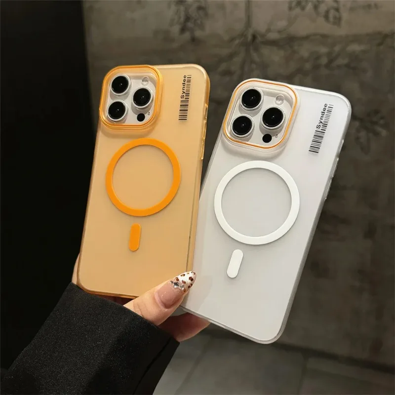 Coque de téléphone magnétique transparente mate pour iPhone 17 16 15 14 Plus 13 Pro Max avec motif code-barres et étiquette fine