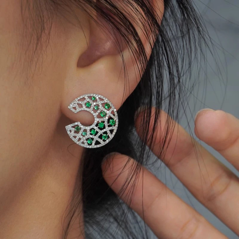 Huitan Big C Shaped Piercing Earrings for Women Full Bling Iced Out Green/White Cubic Zirconia New Fashion Female Jewelry Gift