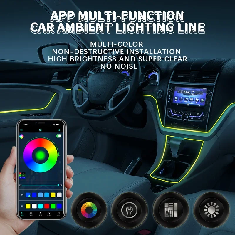 Car RGB Ambient LED Light Strip USB Fiber Optic Atmosphere Neon Invisible Light Strip Center Console Door Decoration Lamp