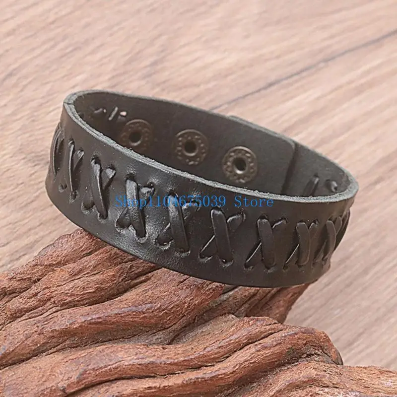 5ASD سوار الفرقة الجلدية المقلدة على حبل الحبل معصمه من الفولاذ المقوى المقاومة للضرب ملحق أزياء الأزياء للرجال #4