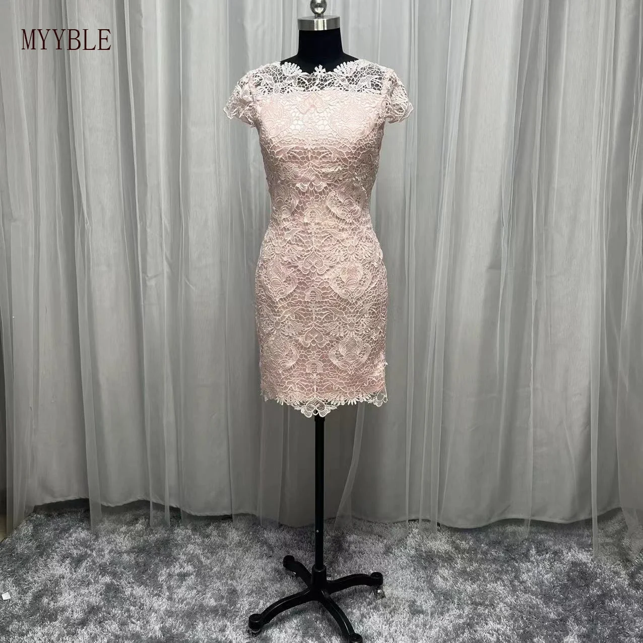 

2022 Real Photo Pink Lace Mother of the Bride Dresses Custom Made Short Sleeves Sheath Wedding Party Gowns Knee Length