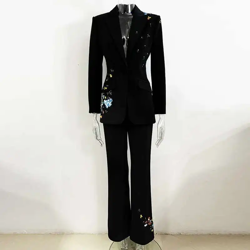 HKSH 2024 printemps automne nouvelles femmes marée étoile tempérament couleur paillettes simple bouton Blazer Long costume pantalon deux pièces ensemble HK3234