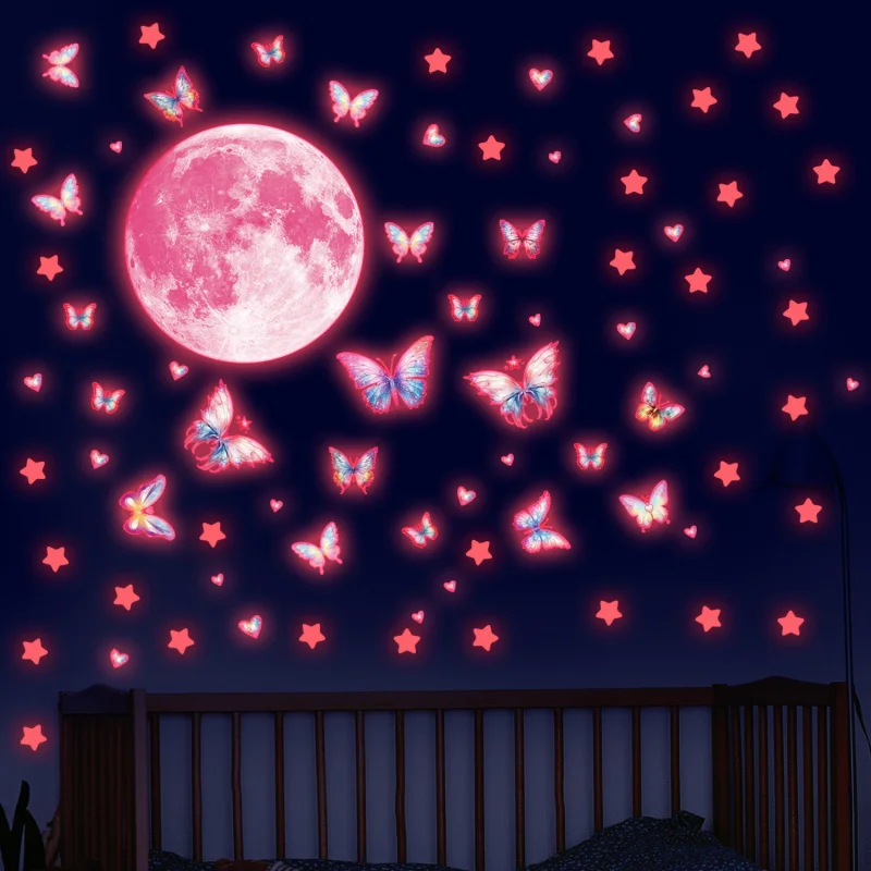

Pink Glow in the Dark Moon Star Butterfly Ceiling Wall Sticker, Kids Room Bedroom Decor
